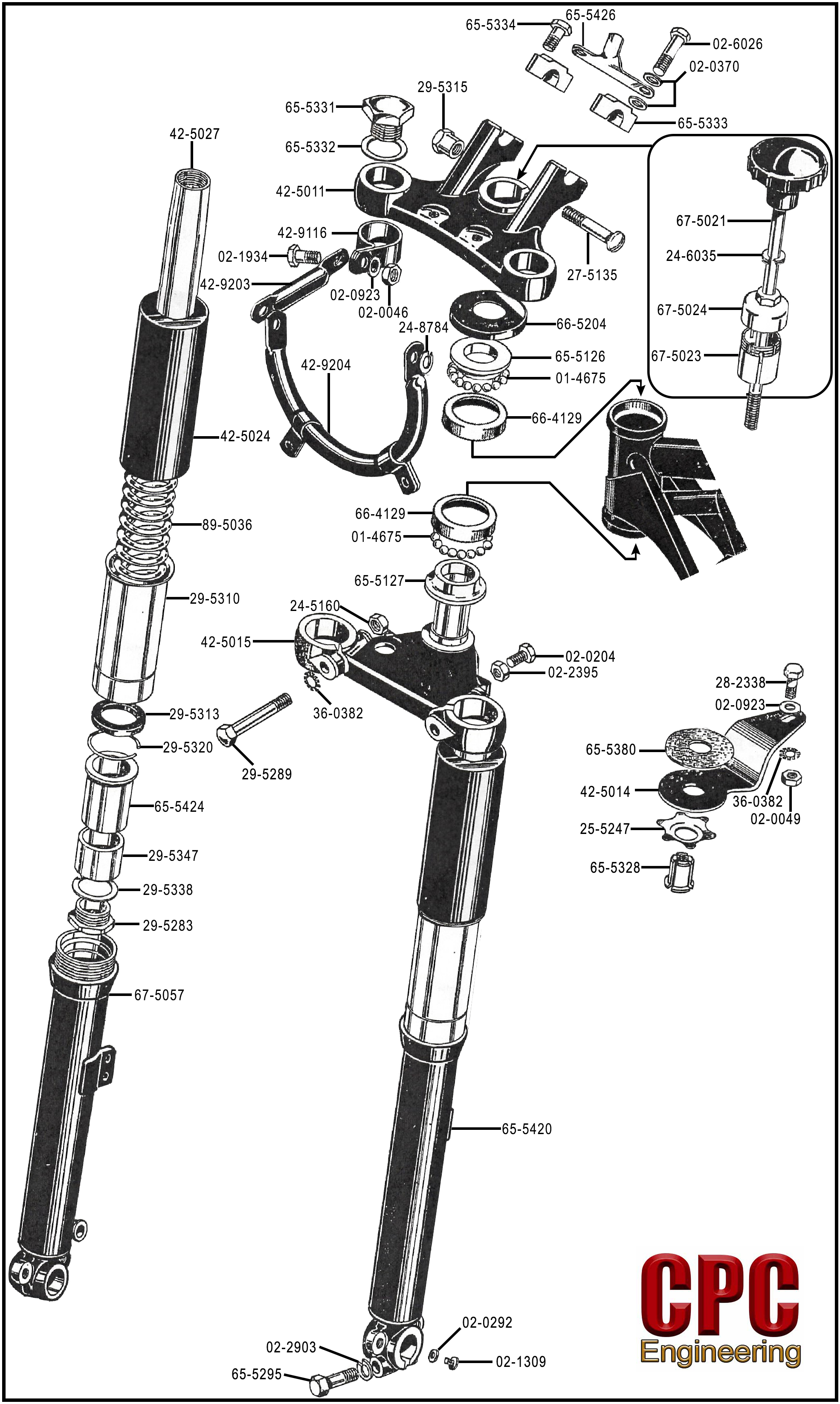 BSA DBD34 Gold Star front forks & yokes exploded parts diagram with factory part numbers